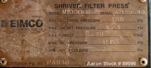 USED: Eimco Shriver filter press, model M1000FB. Carbon steel frame. (40) 39.3" x 39.3" x approximately 2-1/2" thick x approximately 1/2" recess polypropylene plates, (1) head plate, (1) tail plate. ...