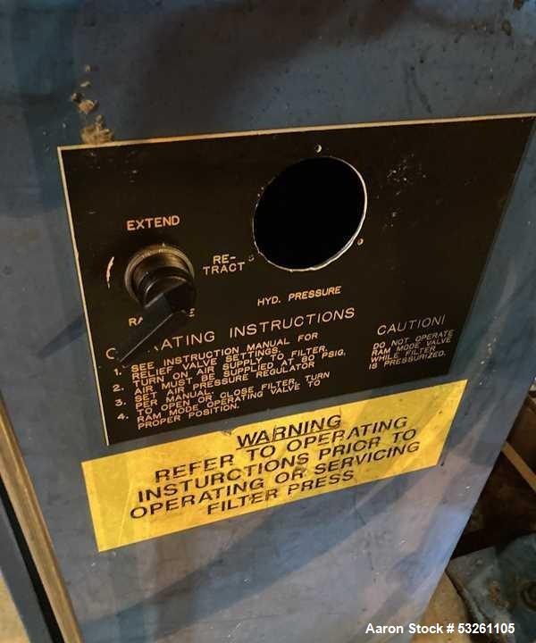 Used Shriver 36" Poly Plate And Frame Filter Press. (34) 1" Plates, frames, and end plate. Self contained hydraulic system & controls drip pan.