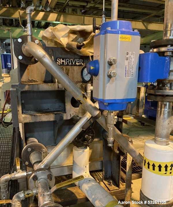 Used Shriver 36" Poly Plate And Frame Filter Press. (34) 1" Plates, frames, and end plate. Self contained hydraulic system & controls drip pan.