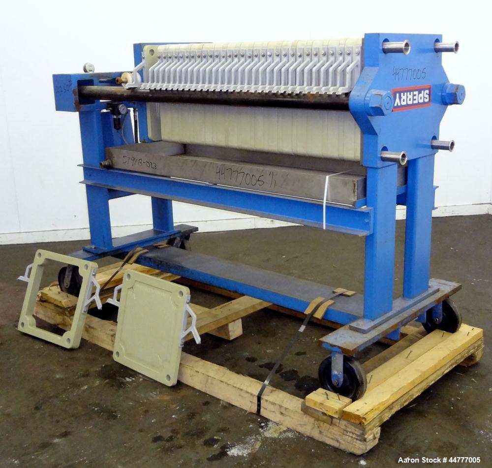 Used Sperry Plate & Frame Filter Press, Size 18, Type 47-48-49. (15) 15" x 15" polypropylene plates, (16) 15" x 15" x 2" thick frames. Approximate filter area 32 square feet filter area, approximate ...