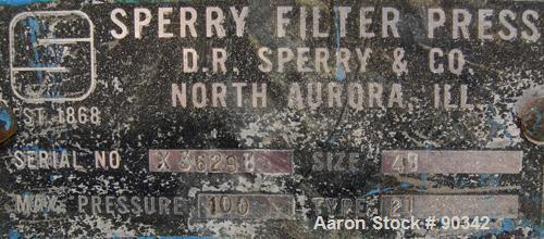 USED: Sperry filter press, type 21, size 48. (85) 48" x 48" polypropylene plates, approximate 1/2" deep recess each side. Approximate filter area 1053 square feet, approximate 87 cubic feet cake capa...