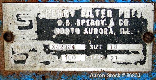 USED: Sperry plate and frame filter press, type 21, size 18, carbon steel frame. (10) 18" x 18" polypropylene plates, (10) 18" x 18" polypropylene 1" thick frames. Approximate 45 square feet filter a...