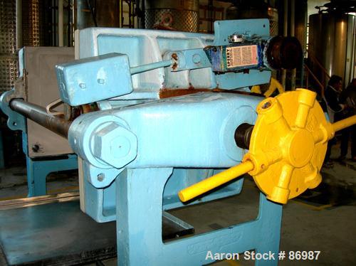 Used Sperry Filter Plate and Frame Filter Press, Size 36. (15) 36" x 36" polypropylene plates, 1’’ thick, frames 1-1/4’’ thick. Approximate filter area 106 square feet, approximate 8.8 cubic feet cak...
