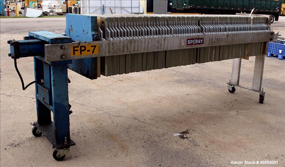 Used Sperry Filter Plated And Frame Filter Press, Type 41-42, Size 24. (75) 24" x 24" Polypropylene Plates. Approximately filter area 600 square feet, approximate 25 cubic feet cake capacity. 100 psi...