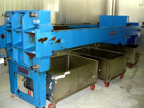 USED: Sperry filter press, carbon steel frame. 36" x 36" polypropylene, approx 51 plates 1" thick and 50 frames 1-1/4" thick. Approx 30 cubic feet cake capacity, approximately 800 square feet filter ...