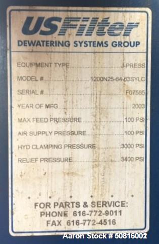 Used US Filter Dewatering Systems JWI J-Press Filter Press