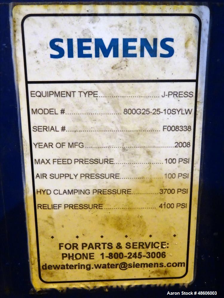Used Siemens J-Press Filter Press, Model 800G25-25-10SYLW.