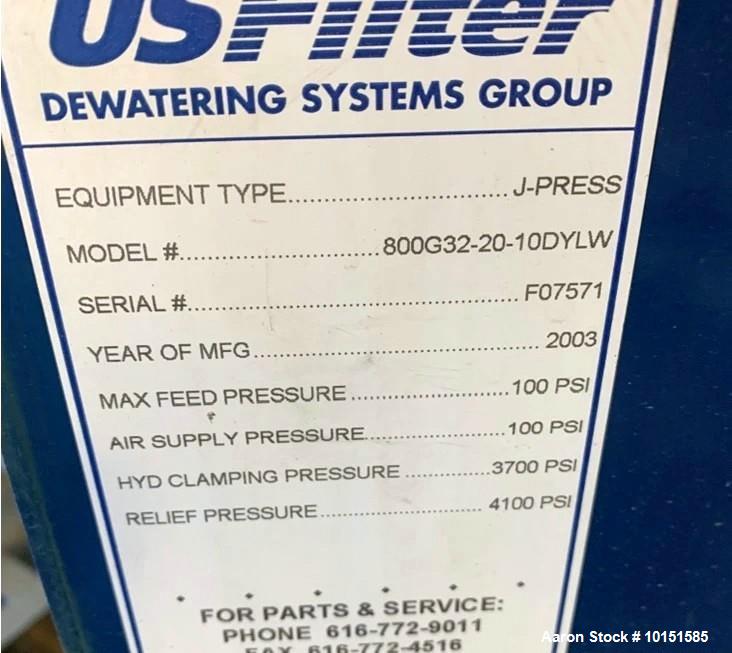Used US Filter J-Press 800G32-20-10DYLW Filter Press – 135 Sq. Ft., 31" Plates, 3,700 PSI Clamp (2003)