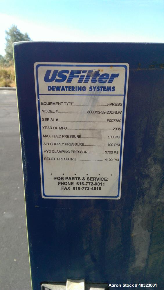 Used U.S. Filter / JWI Filter J Press, Model 800G32-39-20DNLW. (40) 800 mm x 800 mm polypropylene plates. Approximate filter area 415 square feet, approximate 20 cubic feet cake capacity. Maximum inl...