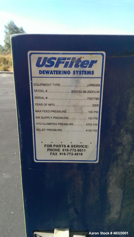 Used- U.S. Filter / JWI Filter J Press, Model 800G32-39-20DNLW. (40) 800 mm x 800 mm polypropylene plates. Approximate filte...