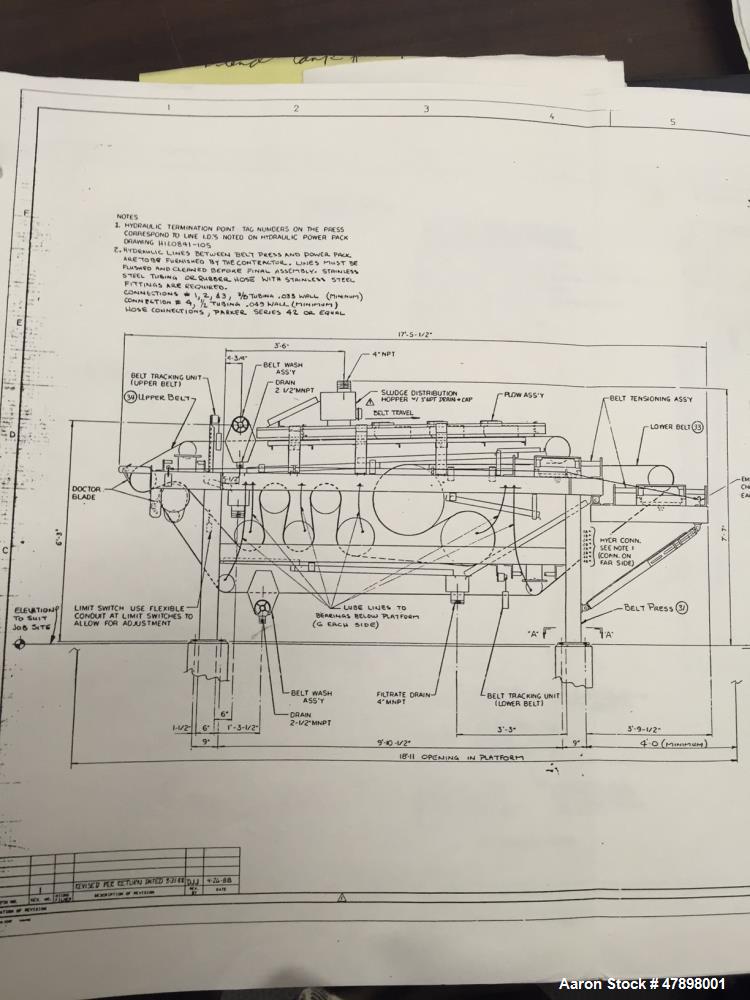 Used US Filter Dewatering Belt Press, Model J-Belt 2000, Series 2.0. 2 meter belt. Stainless steel frame. Left hand configuration. Machine dimensions: 228.27 “ long x 137.22” wide x 99.88” high. Weig...
