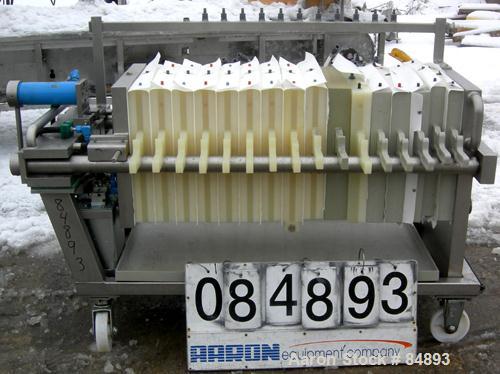 USED: Von Roll Filter Press. 16 polypropylene plates, 19-1/2" (495mm) x 19-1/2" (495mm). Approximately 39.6 square foot filter area, approximately 3.3 cubic feet cake capacity. Corner feed, corner di...
