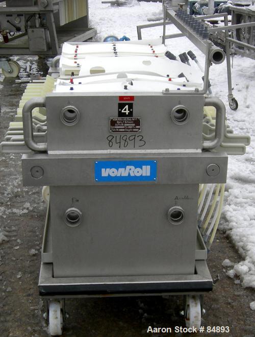 USED: Von Roll Filter Press. 16 polypropylene plates, 19-1/2" (495mm) x 19-1/2" (495mm). Approximately 39.6 square foot filter area, approximately 3.3 cubic feet cake capacity. Corner feed, corner di...