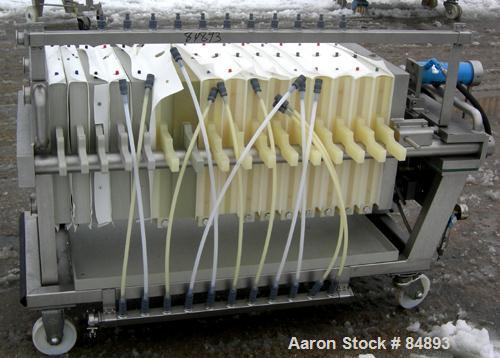 USED: Von Roll Filter Press. 16 polypropylene plates, 19-1/2" (495mm) x 19-1/2" (495mm). Approximately 39.6 square foot filter area, approximately 3.3 cubic feet cake capacity. Corner feed, corner di...