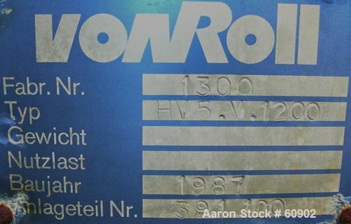 Used Von Roll Filter Press, Type HV5-V-1200. Polypropylene and carbon steel construction. 864 square feet (96 m2) in filtration area. 42 pieces of 47" x 47" x 1.9" thick polypropylene plates (1200 mm...