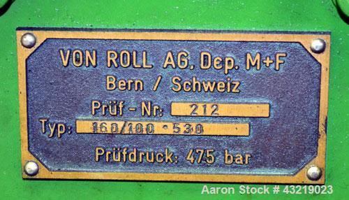 Used Von Roll Filter Press, Type HV5R-800. (16) Polypropylene plates 31.2” x 31.2” (800 mm x 800 mm), (1) head, (1) tail, (1) spacer plates. Approximate 89 square feet (11.2 m3) filtration area, appr...