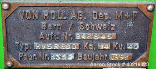 Used Von Roll Filter Press, Type HV5R-800. (16) Polypropylene plates 31.2” x 31.2” (800 mm x 800 mm), (1) head, (1) tail, (1) spacer plates. Approximate 89 square feet (11.2 m3) filtration area, appr...