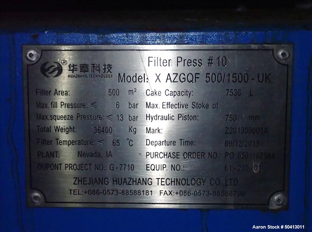 Unused Zhejiang Huazhang Technology 500 Square Meter (Approximately 5380 Sqft.) Membrane Filter Press; Model X AZGQF 500/150...