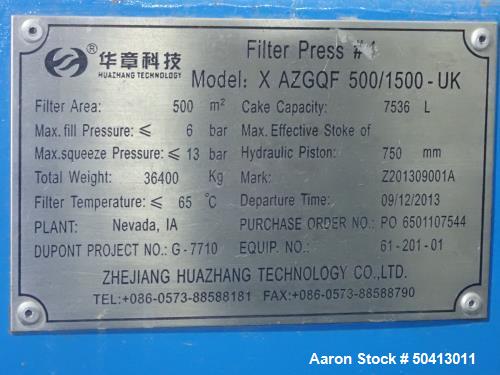 Tecnología Zhejiang Huazhang sin usar 500 metros cuadrados (aproximadamente 5380 pies cuadrados) Filtro de Membrana Prensa; ...