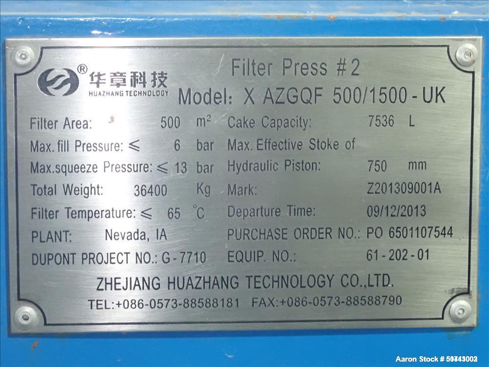 Used Zhejiang Huazhang Technology 500 Square Meter (Approximately 5380 Square Foot) Membrane Filter Press, Model X AZGQF 500/1500  UK, S/N 61-201-01. Filter area: 500 square meter. Cake capacity: 753...