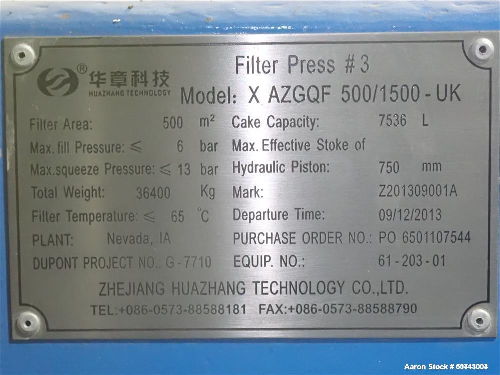 Used Zhejiang Huazhang Technology 500 Square Meter (Approximately 5380 Square Foot) Membrane Filter Press, Model X AZGQF 500/1500  UK, S/N 61-201-01. Filter area: 500 square meter. Cake capacity: 753...
