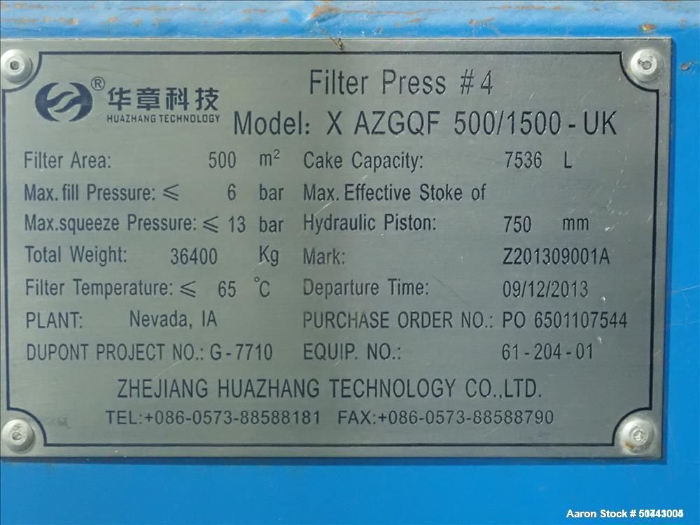 Used Zhejiang Huazhang Technology 500 Square Meter (Approximately 5380 Square Foot) Membrane Filter Press, Model X AZGQF 500/1500  UK, S/N 61-201-01. Filter area: 500 square meter. Cake capacity: 753...