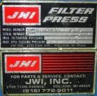 Used JWI Filter Press, Model 630G32-10/13-3/4SYLS. (25) 24.8'' x 24.8'' x 2-1/2'' Thick x 1/2'' recess polypropylene plates, (1) head, (1) tail plate. Approximately105.3 square feet filter area, 8.7 ...