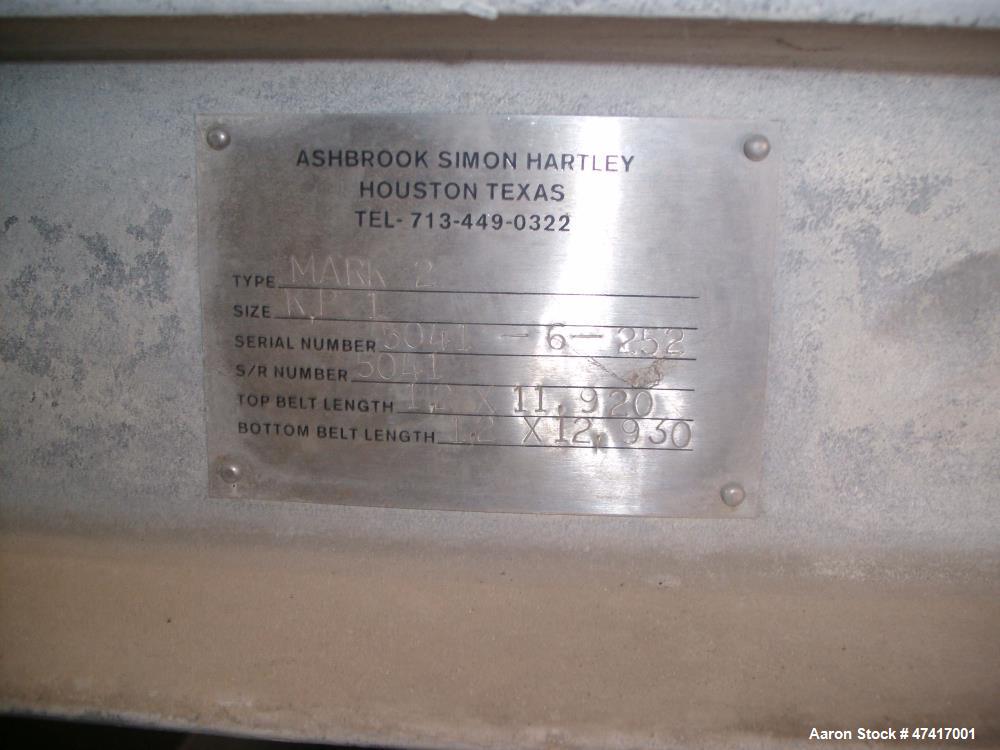 Used Ashbrook Simon Hartley Belt Filter Press. 1 Meter Belt, 0-80 gpm, MK II Klampress. Includes polymer system, conveyor, and several pumps.