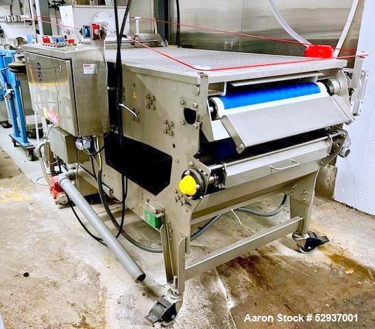 Used Voran Belt Press, Model EBP650, 304 Stainless Steel Construction. 650mm (25.59") Belt width. Capacity of 1.7 ton hourly production, 75% juice yield, 2-4 minutes contact time, 35-71 in/min belt s...
