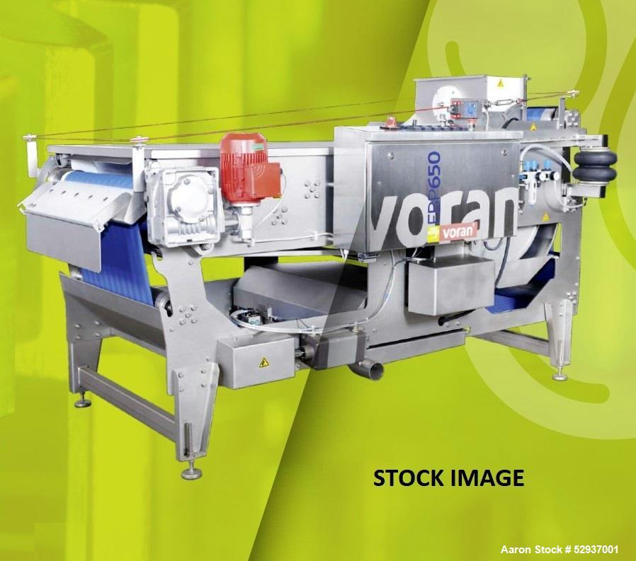 Used Voran Belt Press, Model EBP650, 304 Stainless Steel Construction. 650mm (25.59") Belt width. Capacity of 1.7 ton hourly production, 75% juice yield, 2-4 minutes contact time, 35-71 in/min belt s...