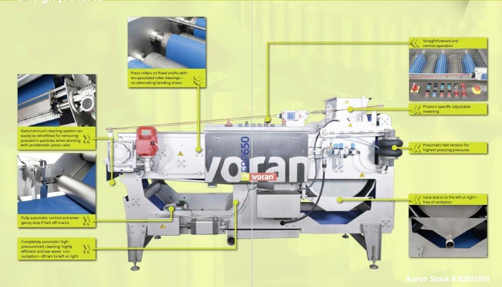 Used Voran Belt Press, Model EBP650, 304 Stainless Steel Construction. 650mm (25.59") Belt width. Capacity of 1.7 ton hourly production, 75% juice yield, 2-4 minutes contact time, 35-71 in/min belt s...