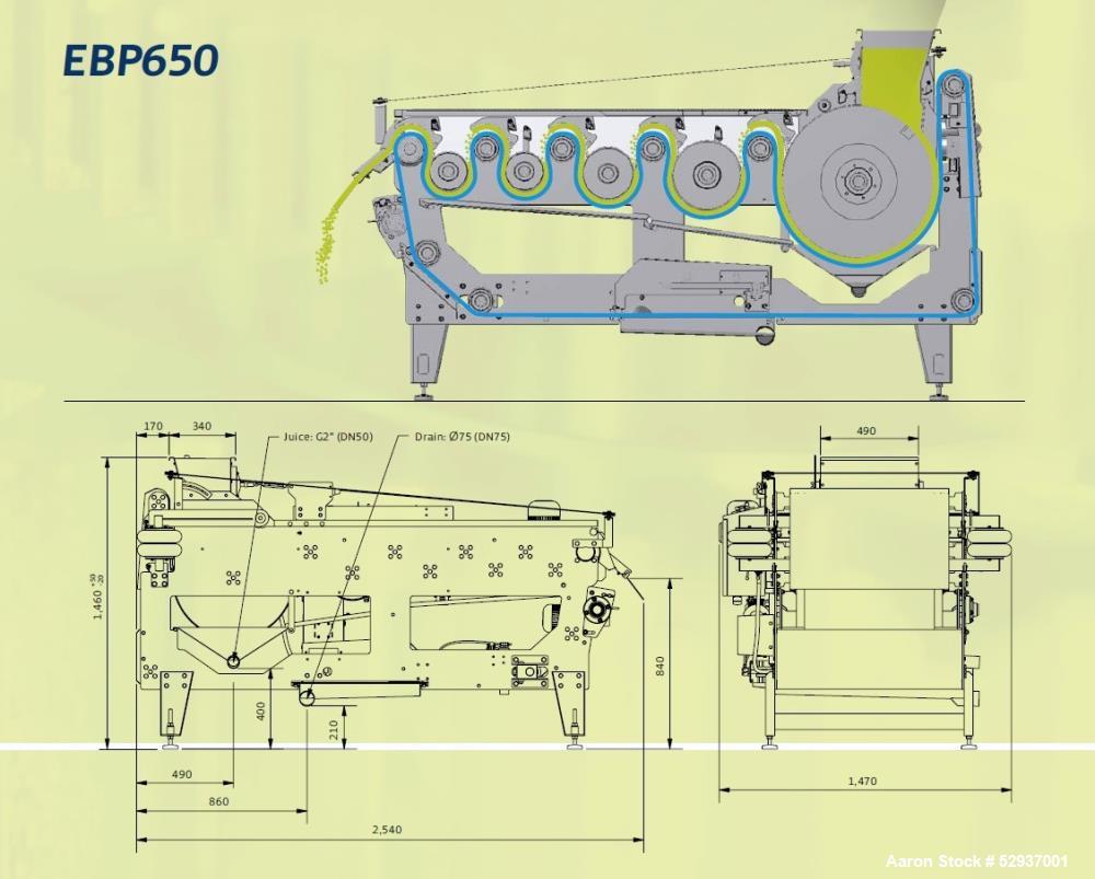 Used Voran Belt Press, Model EBP650, 304 Stainless Steel Construction. 650mm (25.59") Belt width. Capacity of 1.7 ton hourly production, 75% juice yield, 2-4 minutes contact time, 35-71 in/min belt s...