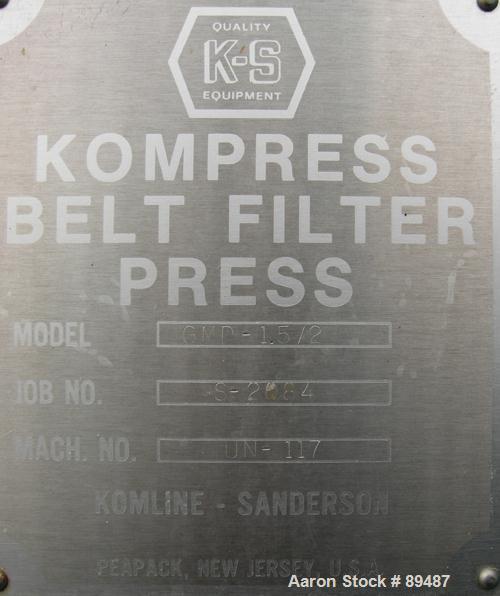 USED: Komline-Sanderson K-S Kompress belt fliter press, model GMD-1.5/2. Approximately 1.5/2. Approximately 12 to 16 percent solids. Belt width 5.375 feet, total effective dewatering area 173 square ...