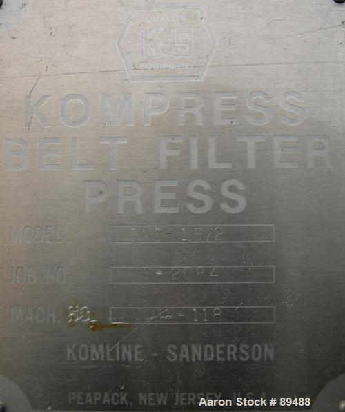 USED: Komline-Sanderson K-S Kompress belt fliter press, model GMD-1.5/2. Approximately 1.5/2. Approximately 12 to 16 percent solids. Belt width 5.375 feet, total effective dewatering area 173 square ...