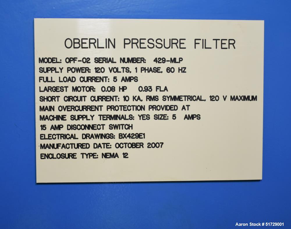 Used Oberlin Filter Company OPF-02 Pressure Filter