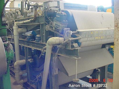 Used Ashbrook Belt Filter Press, Model KLAMPRESS 8/90. 1 Meter wide dewatering belt. Has stainless steel wetted parts and stainless steel screw conveyor. OAL 22'.