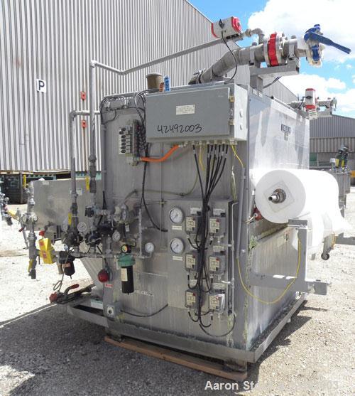 Used Oberlin Automatic Pressure Filter, Model OPF-12, Carbon Steel. 12 Square feet filter area. Approximate press area 36" x 48". End discharge. Cloth advance driven by a 1/4 hp, 3/60/230/460 volt, 1...