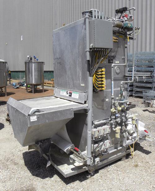 Used Oberlin Automatic Pressure Filter, Model OPF 4 Carbon Steel. 4 Square feet filter area. Approximate press area 24" x 28". End discharge. Cloth advance/roll up each driven by a 1/4 hp, 3/60/208-2...