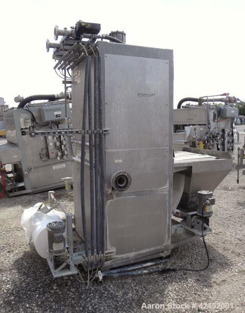 Used Oberlin Automatic Pressure Filter, Model OPF 4 Carbon Steel. 4 Square feet filter area. Approximate press area 24" x 28". End discharge. Cloth advance/roll up each driven by a 1/4 hp, 3/60/208-2...