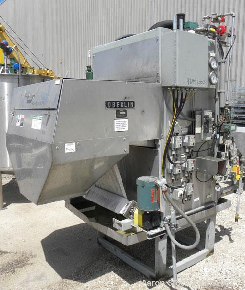 Used Oberlin Automatic Pressure Filter, Model OPF-4, Carbon Steel. 4 Square feet filter area. Approximate press area 24" x 28". End discharge. Cloth advance driven by a 1/4 hp, 3/60/230/460 volt, 114...