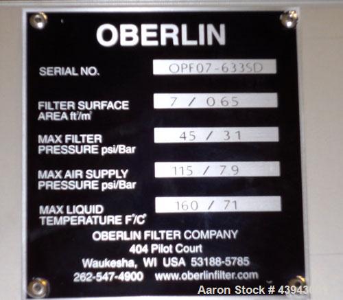 Unused- Oberlin Automatic Pressure Filter, Model OPF-07, 304 Stainless Steel and Carbon Steel Construction.  7 Square feet filter area (0.65 square meter).  Maximum filter pressure 45 psi (3.1 bar), ...