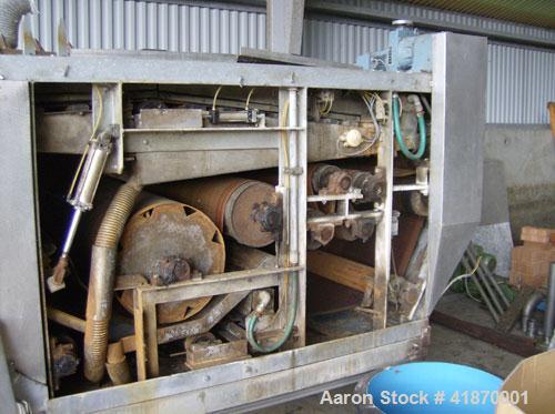 Used Saltec CP 1200 F Belt Press. 47" (1200 mm) width, 2.2 hp/1.65 kW motor, HP air cylinder max 145 psi (10 bar), capacity 320-500 cubic feet/hour (9-14 m3/h).