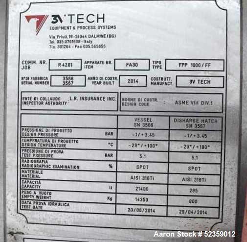 Used 3V Tech SPA Filtro 1000 FPP/FF Filter Agitated Nutsche Filter. 316 Stainless Steel. Capacity 10,946.99 square feet. Internal rated 50 psi / FV at 212 degrees F. 10.17 Square meter filtering area...