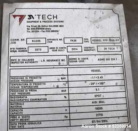 Used 3V Tech SPA Filtro 1000 FPP/FF Filter Agitated Nutsche Filter. 316 Stainless Steel. Capacity 10,946.99 square feet. Internal rated 50 psi / FV at 212 degrees F. 10.17 Square meter filtering area...