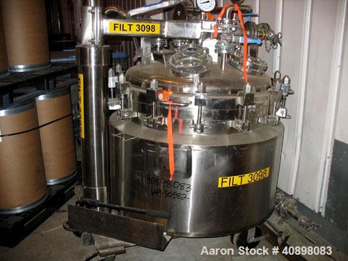 Used Northland 36" Nutsche Filter. Stainless steel construction, 36" diameter x 24" deep chamber, rated 36 psi and full vacuum at 350 F internal, jacketed for 150 psi at 350 F, removable perforated b...