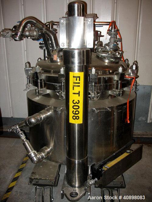 Used Northland 36" Nutsche Filter. Stainless steel construction, 36" diameter x 24" deep chamber, rated 36 psi and full vacuum at 350 F internal, jacketed for 150 psi at 350 F, removable perforated b...