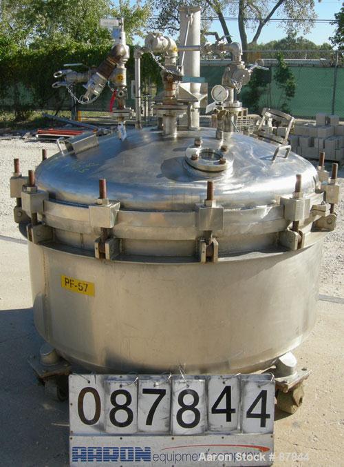 USED: Apache Stainless portable pressure Nutsche type filter, approximately 1.5 square meter, 316L stainless steel. Approximately 54" diameter x 27" straight side. Dish bolt on top, dish bottom. Inte...