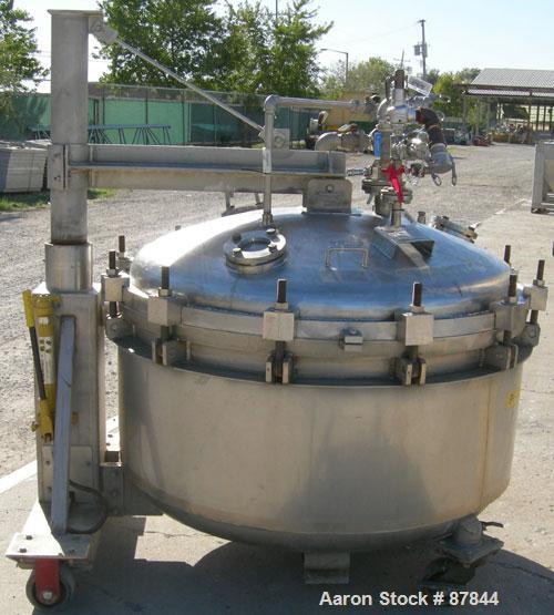 USED: Apache Stainless portable pressure Nutsche type filter, approximately 1.5 square meter, 316L stainless steel. Approximately 54" diameter x 27" straight side. Dish bolt on top, dish bottom. Inte...