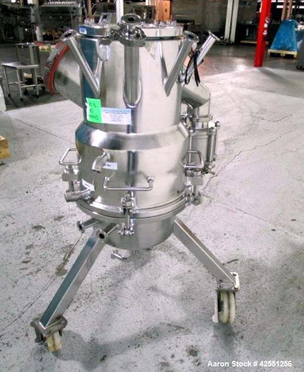 Used Aurora 0.1 Square Meter Nutsche Filter, Model A-14X-C. Hastelloy C22 construction, rated atmospheric and full vacuum at 212 f internal, jacketed for 50 psi at 212 f, removable bottom plate, top ...