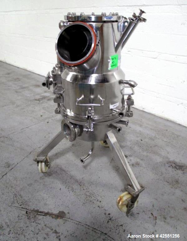 Used Aurora 0.1 Square Meter Nutsche Filter, Model A-14X-C. Hastelloy C22 construction, rated atmospheric and full vacuum at 212 f internal, jacketed for 50 psi at 212 f, removable bottom plate, top ...